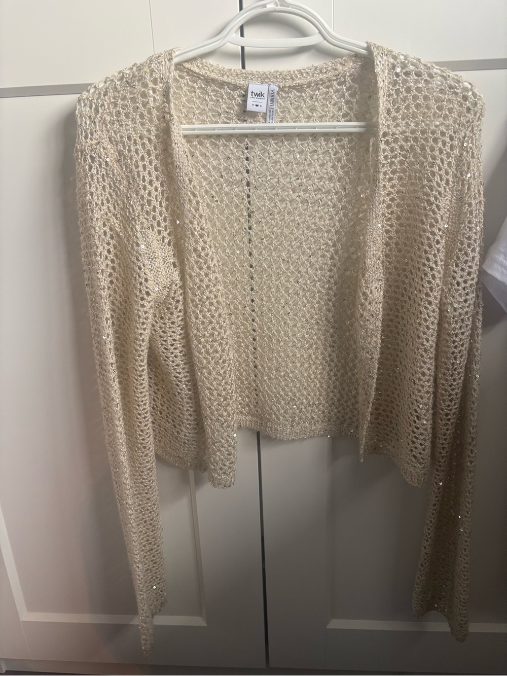 twik Open-Front Knit Cardigan in Beige Cream with Subtle Shimmer